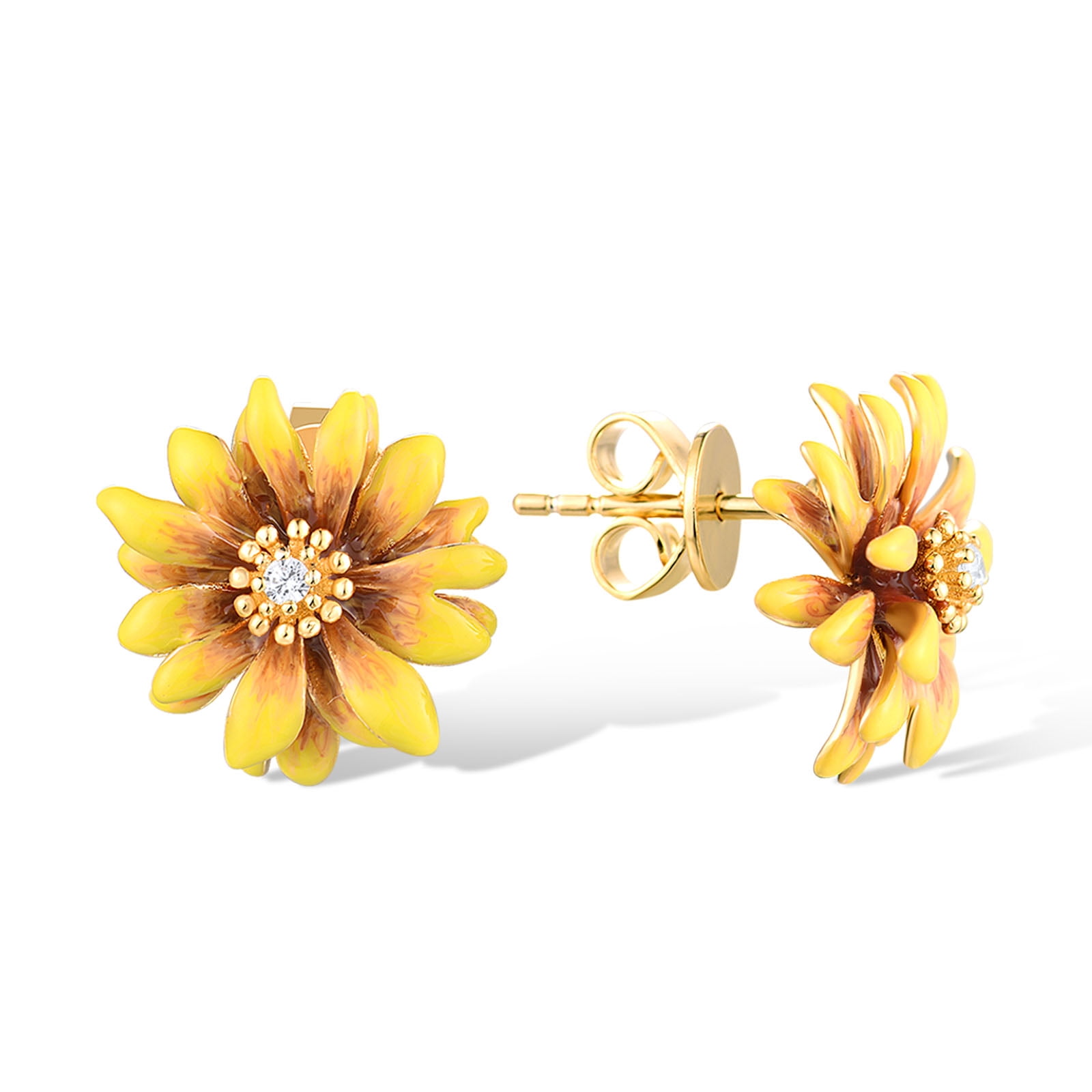 Santuzza Daisy Earrings 925 Sterling Silver White Cubic Zirconia Enamel Yellow Flower Stud Earrings for Women