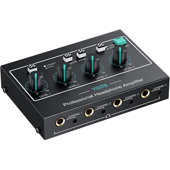4 Channel Headphone Amplifier with 3 Input Mute & Audio Mixer, Mono/Stereo Audio Amplifier, Ultra-Compact Headphone Amp Splitter 1/4" & 1/8" TRS Output for Studio and Stage with Power Adapter