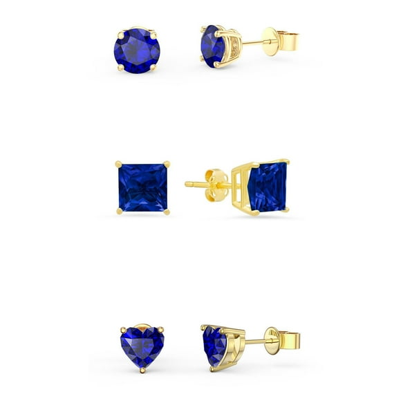 Paris Jewelry 18k Yellow Gold 4Cttw Created Blue Sapphire 3 Pair Round, Square and Heart Stud Earrings Plated