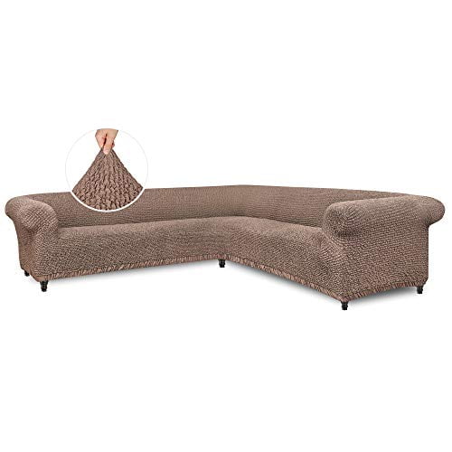 Sectional Sofa Cover - Corner Couch Cover - Corner Slipcover - Cotton Fabric Slipcovers - 1-Piece Form Fit Stretch Furniture Slipcover - Mille Righe Collection - Camel (Corner Sofa)