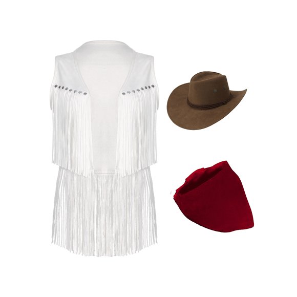Raenseen Women's Western Cowgirl Outfits Sets Tassel Fuax Suede Open Front Vest with Cowboy Hats White L