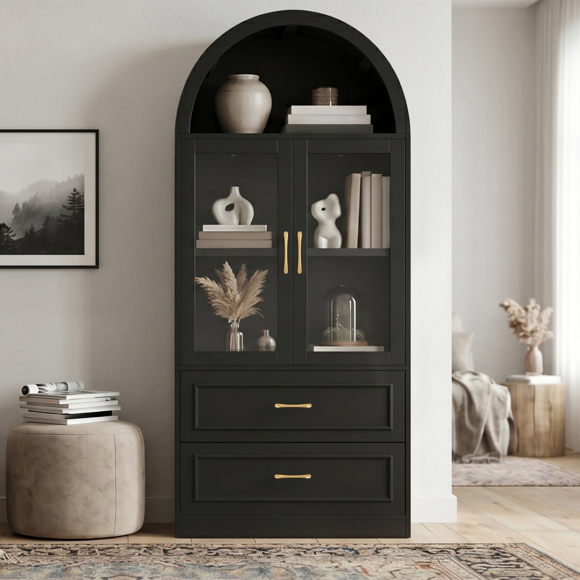 Mintazer Arched Top Tall Display Cabinet, Curved Bookcase with Glass Doors & 2 Large Drawers, Modern Freestanding Storage Hutch for Living Room Dining Room Study, Black