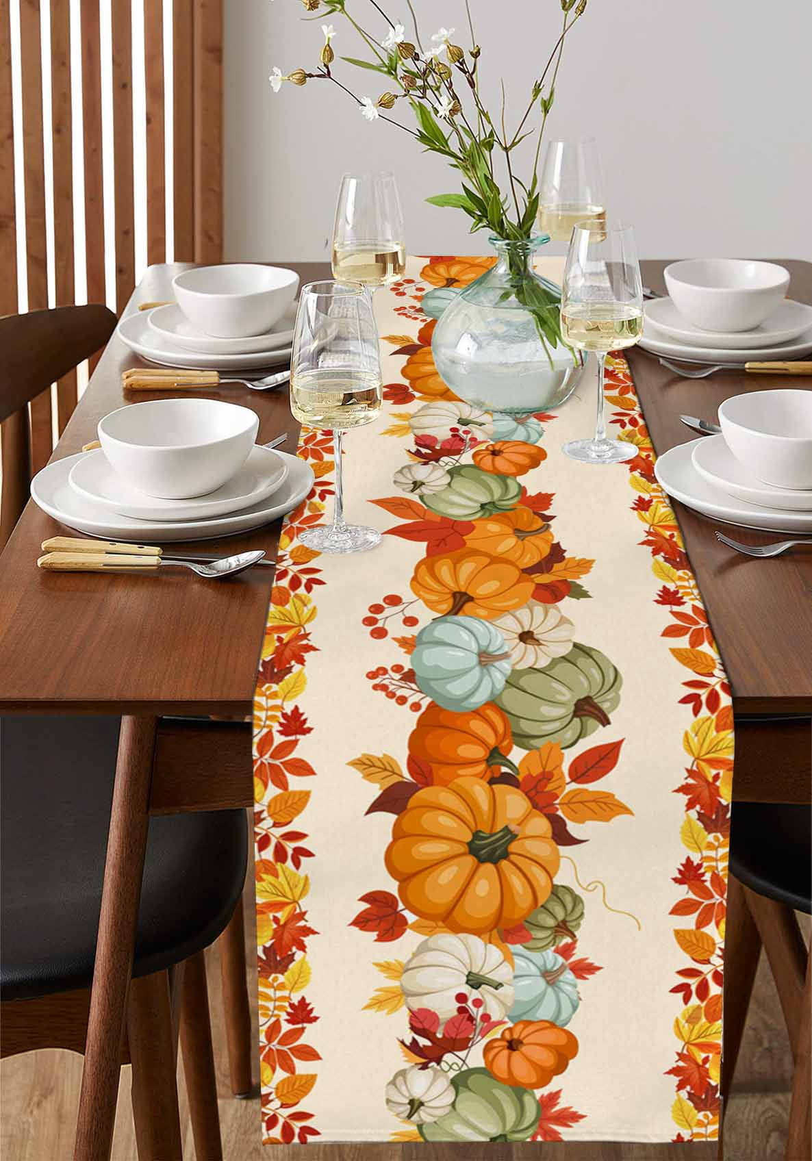 Fall Burlap Cotton Table Runner 14x72 Inches Long, Orange Blue Pumpkins Thanksgiving Farmhouse Maple Leaf Farmhouse Table Runners, Outdoor Dining Tablecloths Decor for Baby Shower/Party/Wedding
