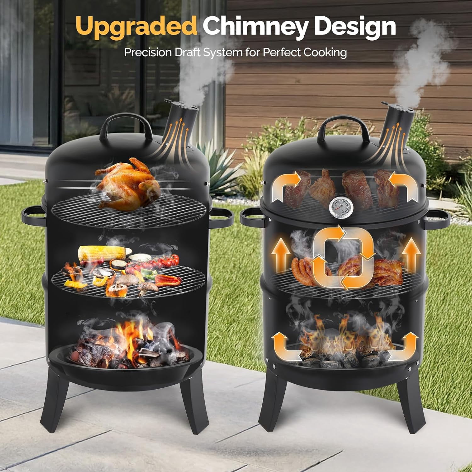 Upgraded 18 Inch Multi-Layer Charcoal Smoker Grill with Chimney, Heavy Duty Round Grill, Vertical Smoker with Thermometer, for Outdoor Cooking, Patio, Parties, Backyard BBQ
