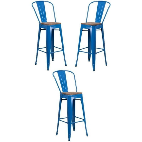 Home Square 30" Metal Bar Stool in Blue and Wood Grain - Set of 3