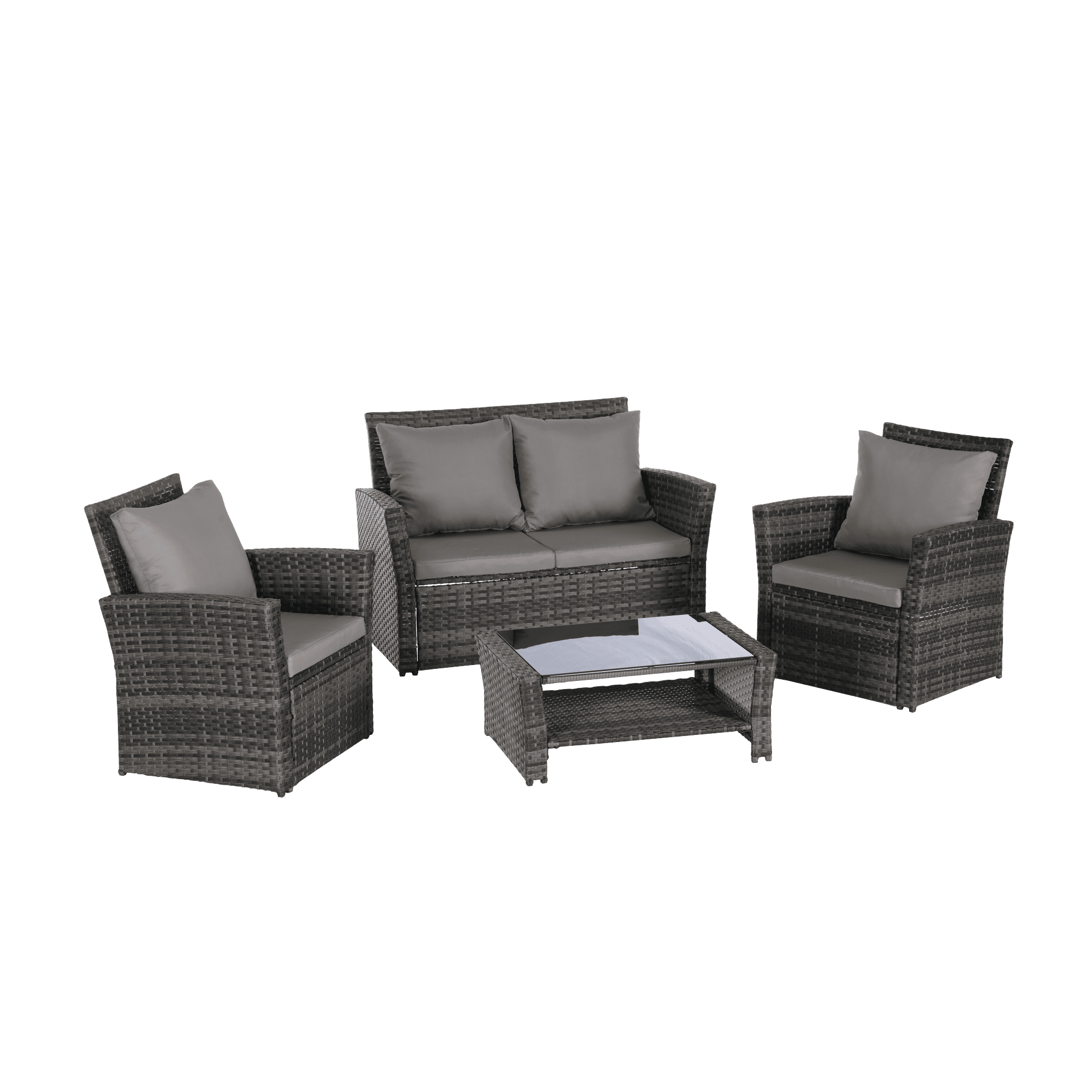 Leumius 4 Piece Patio Furniture Set,Outdoor Patio Furniture Set All-Weather Rattan Wicker Patio Conversation Set with Tempered Glass Coffee Table & Cushions for Garden & Backyard,Dark Gray