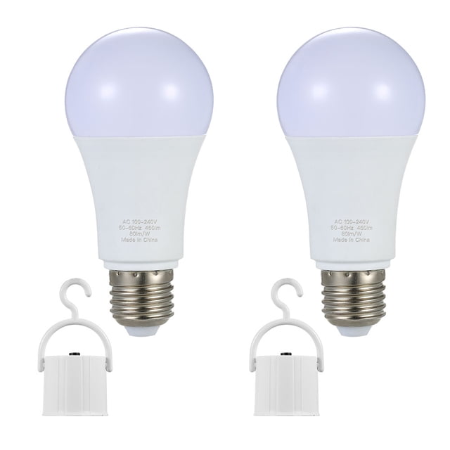 Pack of 2 Multifunctional Rechargeable 6W Emergency LED Light Bulbs 60W Equivalent 6000K Bright Outdoor Hanging Lamp Lights for Power Outage Camping Garden Parties--E26/E27, AC100~240V