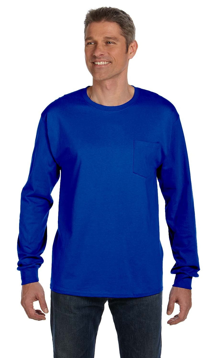 The Hanes Mens 61 oz Tagless Long Sleeve Pocket T-Shirt - DEEP ROYAL