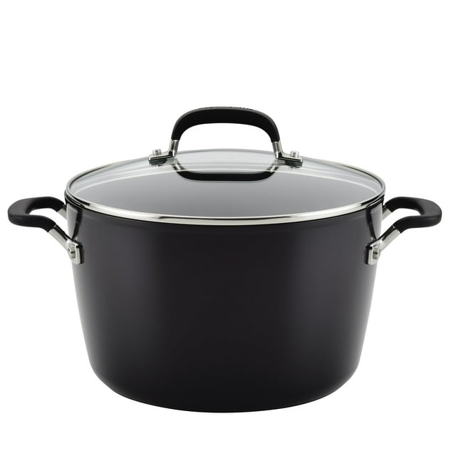 KitchenAid Marmite Antiadhésive en Aluminium Anodisé Dur avec Couvercle, 8 Pintes, Noir Onyx