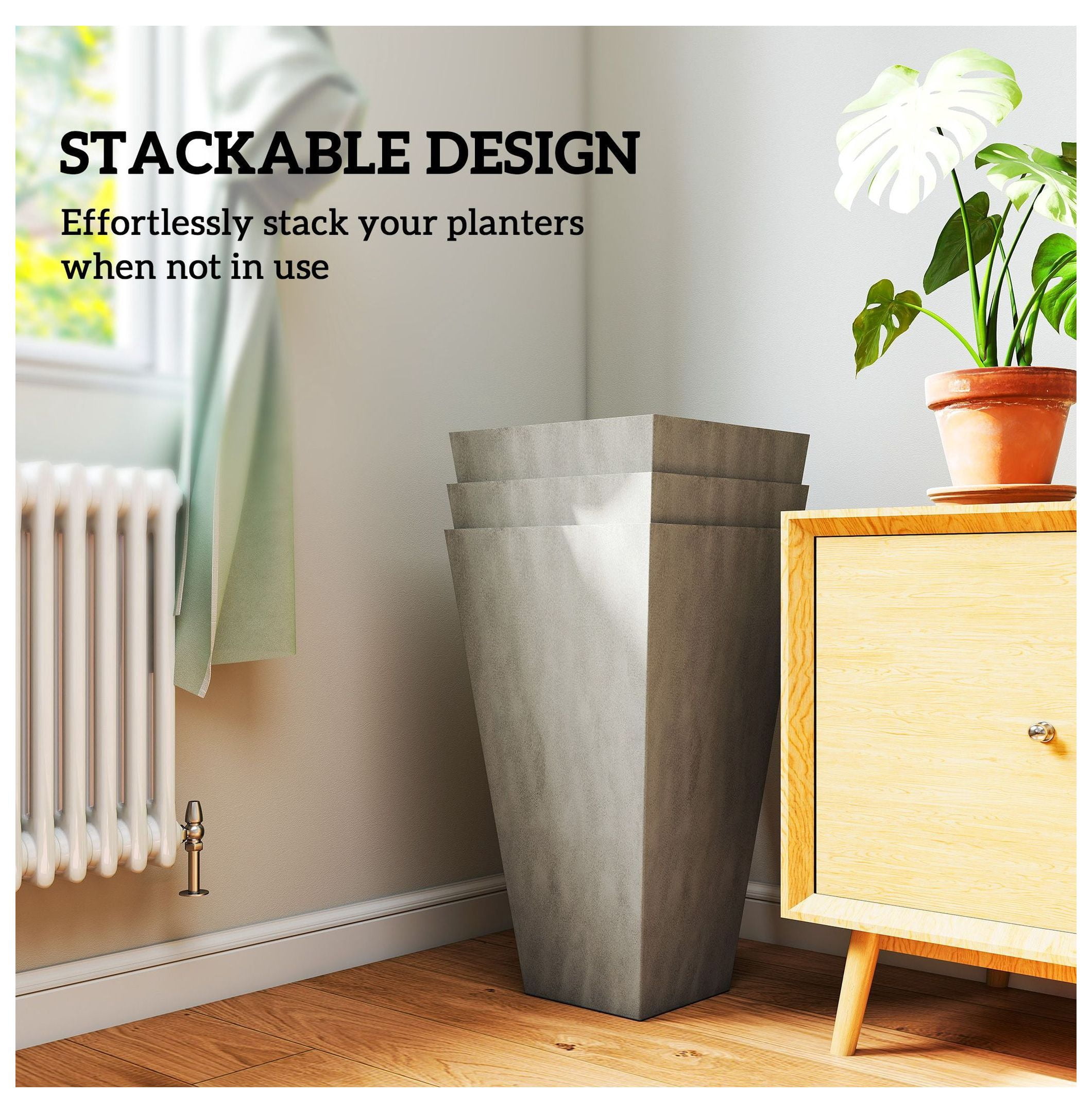 3 x 28" Tall Plastic Planters with Drainage, Outdoor Flower Pots, Indoor Plant Containers for Patio, Deck, Gray
