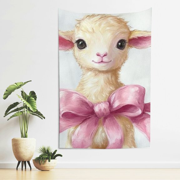 ZFLMY Baby Lamb Pink Bows Tapestry Wall Hanging 100% Polyester Home Decor 40*60in