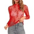 thumbnail image 2 of Odbmxy Lace Undershirts for Women Plus Size Long Sleeve Women's Plus Size Tops Bottoming Single Color Mesh Slim Leisure Tops,Red XL, 2 of 7