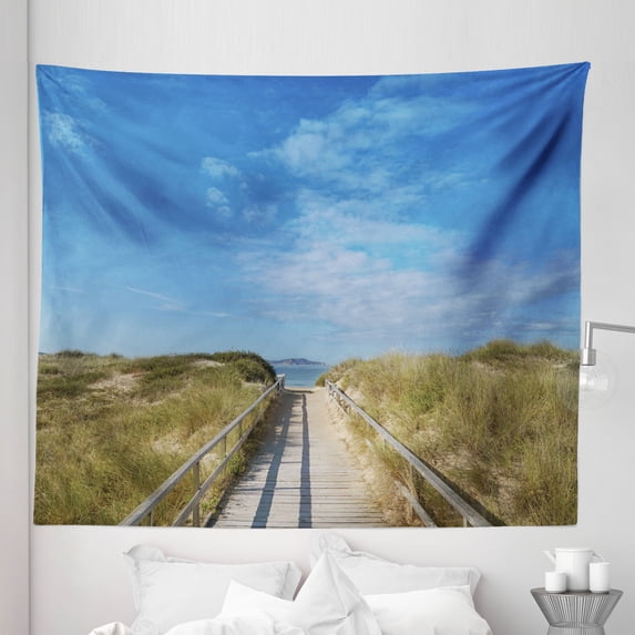 Beach Pathway Tapestry, Tranquil Beach Playa de a Lanzada Close to Grove Coast of Galicia Spain, Fabric Wall Hanging Decor for Bedroom Living Room Dorm, 5 Sizes, Blue Green Beige, by Ambesonne