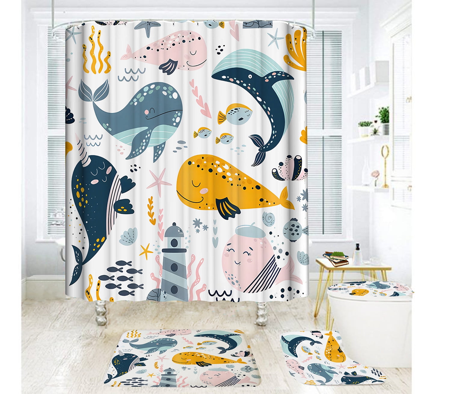 Cartoon Whale Kids Shower Curtain and Bath Rug Set 4 Pcs Fabric Cute Bathroom Curtain Set Decor 72x72 inches