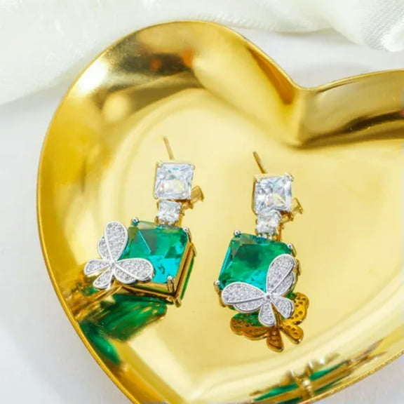 Top Light Blue CZ Square Butterfly Drop Earrings Bridal Korean Fashion Band Gift