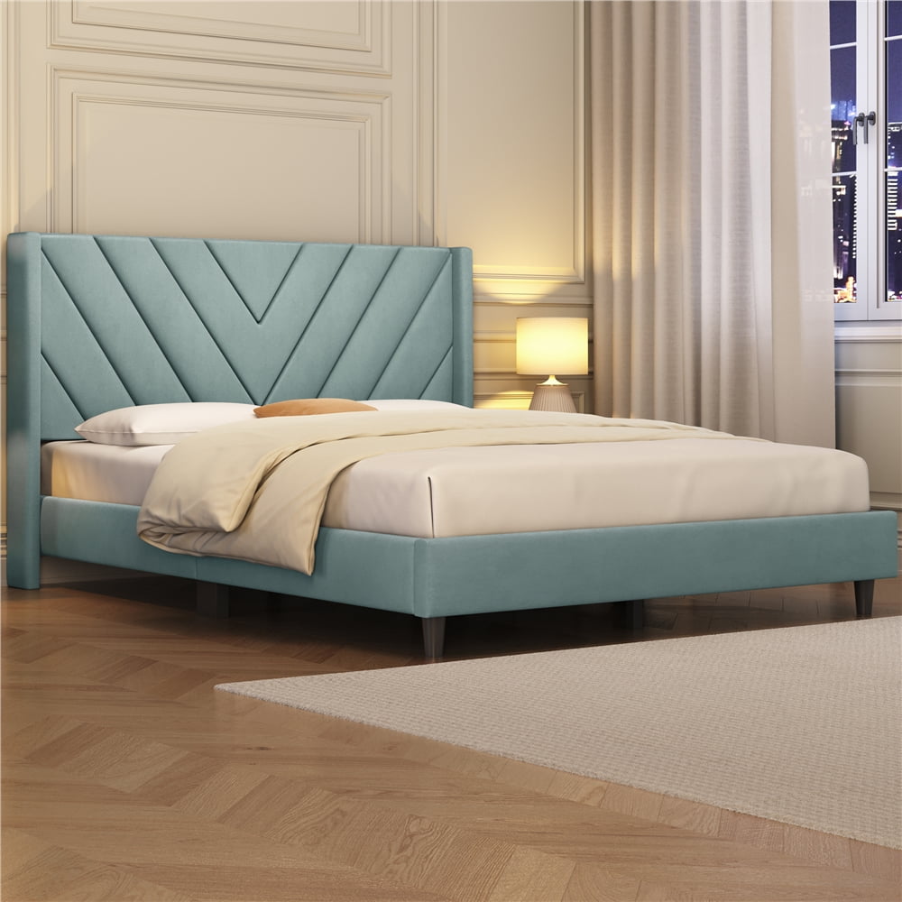 Yaheetech Upholstered Platform Bed with Wooden Slat Support and Tufted Headboard, Queen, Blue Lake