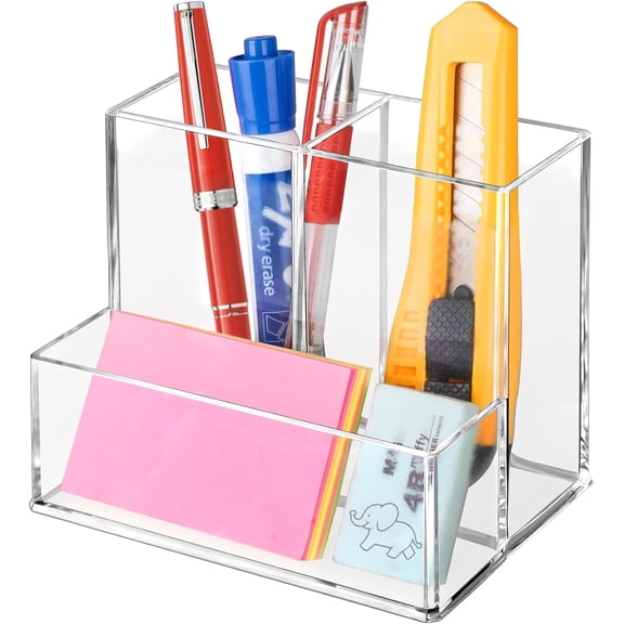 Rongsi Pen Holder for Desk, Clear Acrylic Pencil Holder for Desk, Marker Holder with 3 Compartments, Pencil Organizer for Home, Office, Classroom, Bathroom