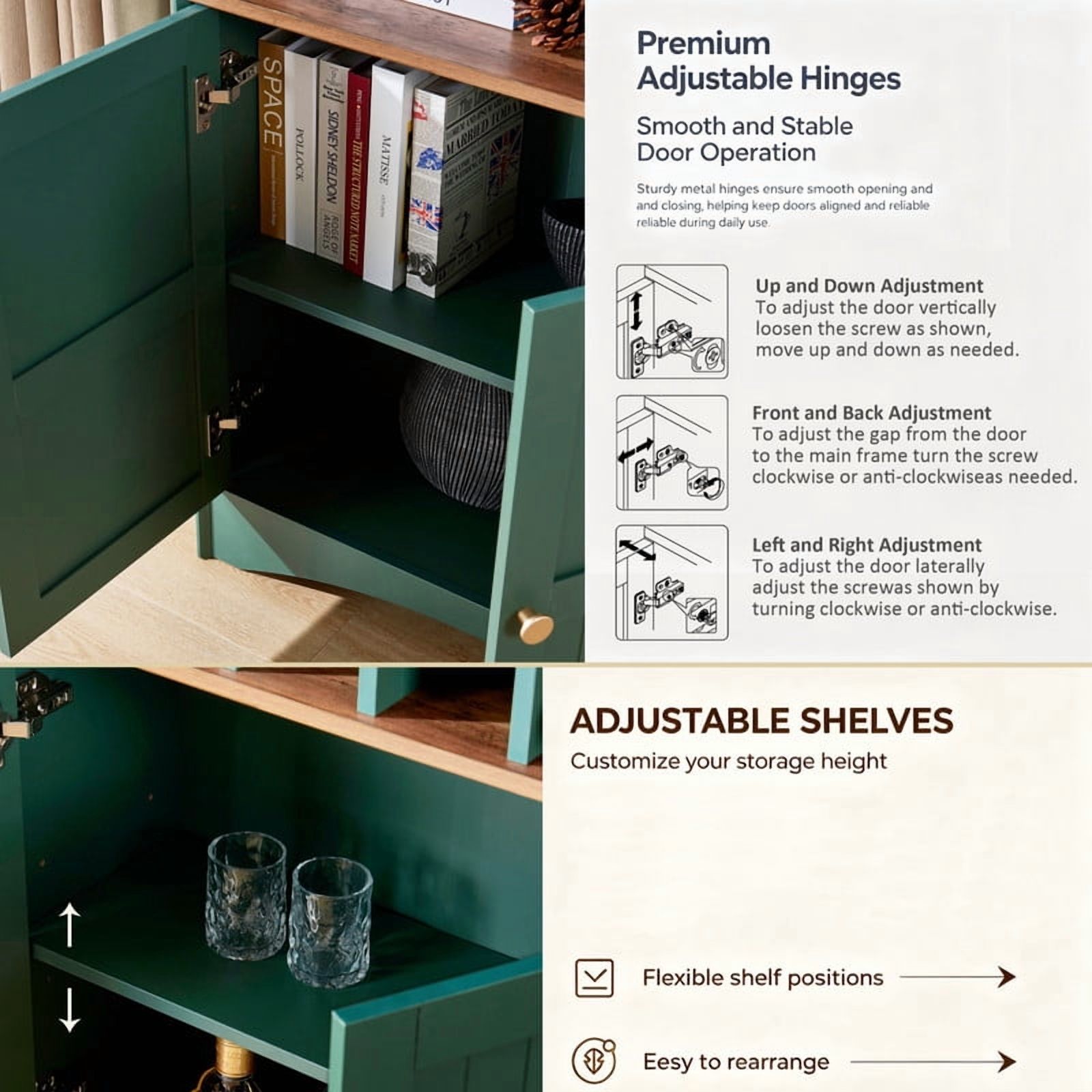 Arched Bar Wine Storage Liquor Cabinet with Removable Wine Grid, Freestanding Bookcase with Adjustable Shelves