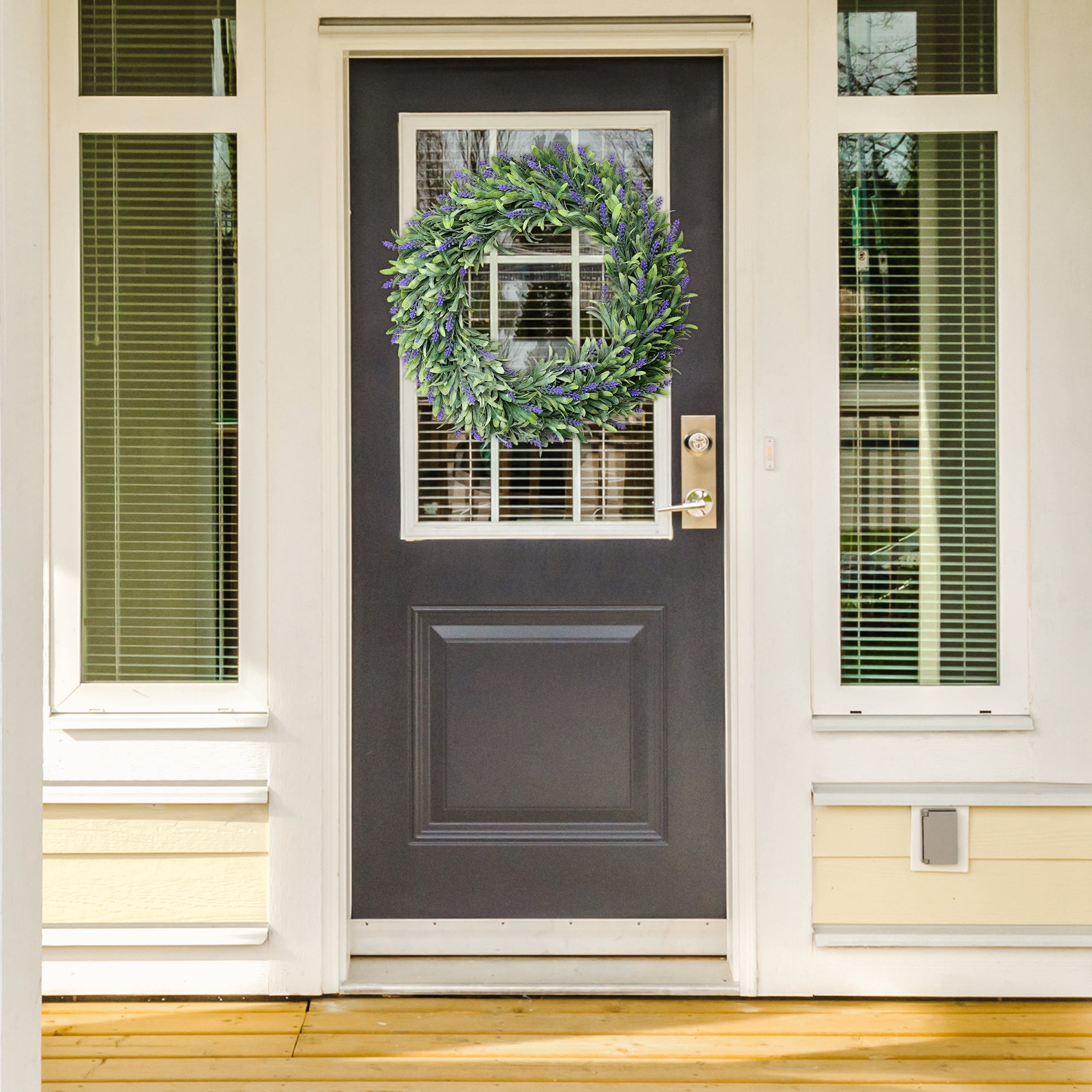 Unique Bargains Lavender Wreath for Front Door Plastic Green Leaves Artificial Wreaths