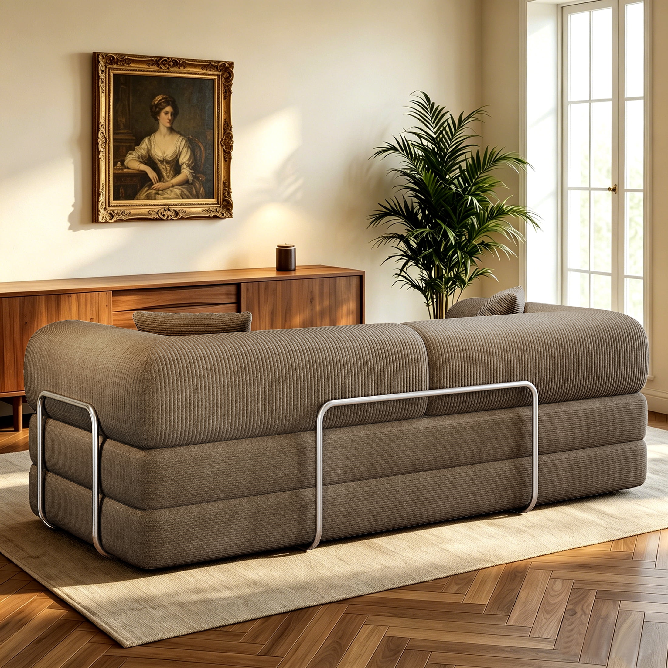 AISWORD Convertible Sleeper Sofa Bed with Cylindrical Pillow, Corduroy Folding Mattress Couch with Fixed-Shape Frame, Floor Sofa Lounge Couch, Camel