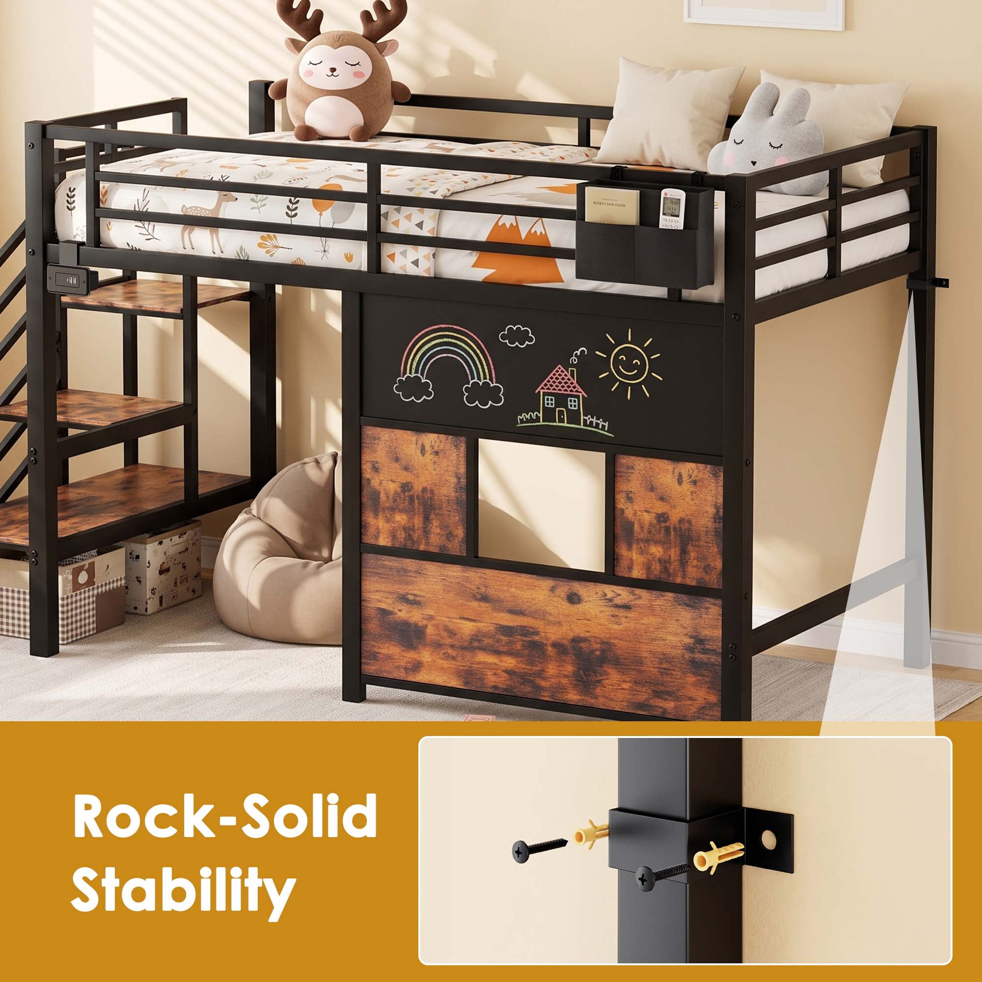 Miniyam Twin Size Metal Low Loft Bed with Storage Stairs and Blackboard,USB Charging, Black