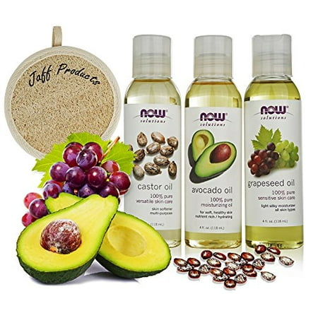 Carrier Oil Gift Set : Castor Oil - Grapeseed Oil - Avocado Oil, 100% Natural Moisturizing Message Oil, Now Foods Variety Pack - 4 Oz Each - Loofah Pad