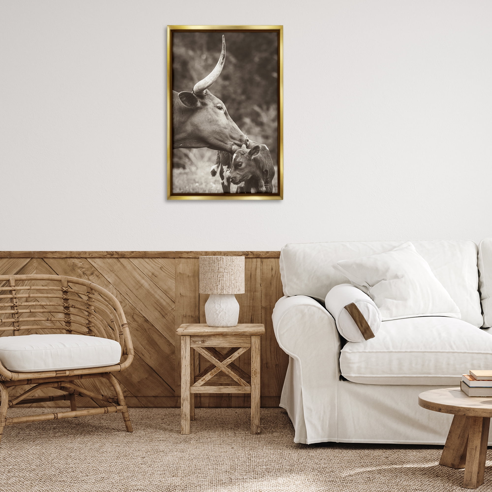 Stupell Industries Longhorn Kissing Baby Animals Photography Gold Floater Framed Canvas Art Print Wall Art, 21 x 31
