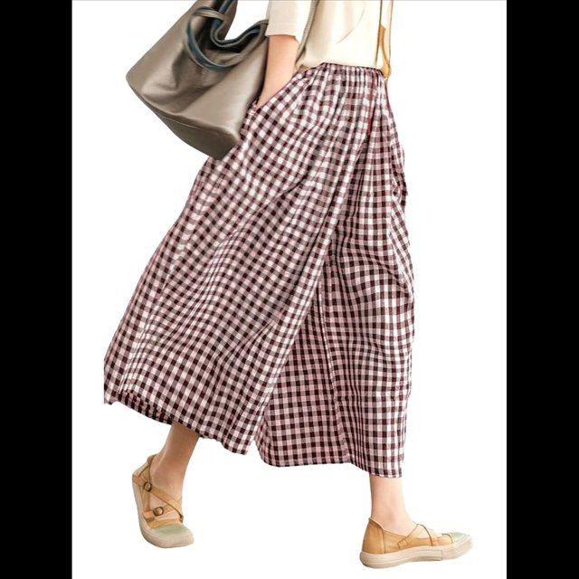 Pantalones Palazzo de Algodón A Cuadros para Mujer, Cintura Elástica, con Bolsillos, para Verano Color Café M
