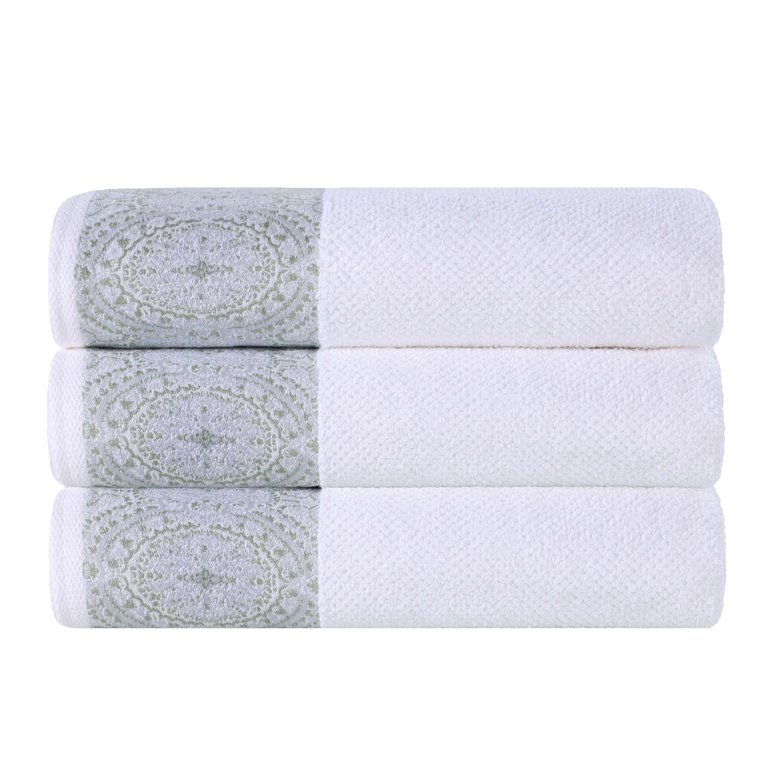 Superior Medallion Cotton Bath Towels, Set of 3, White/ Silver