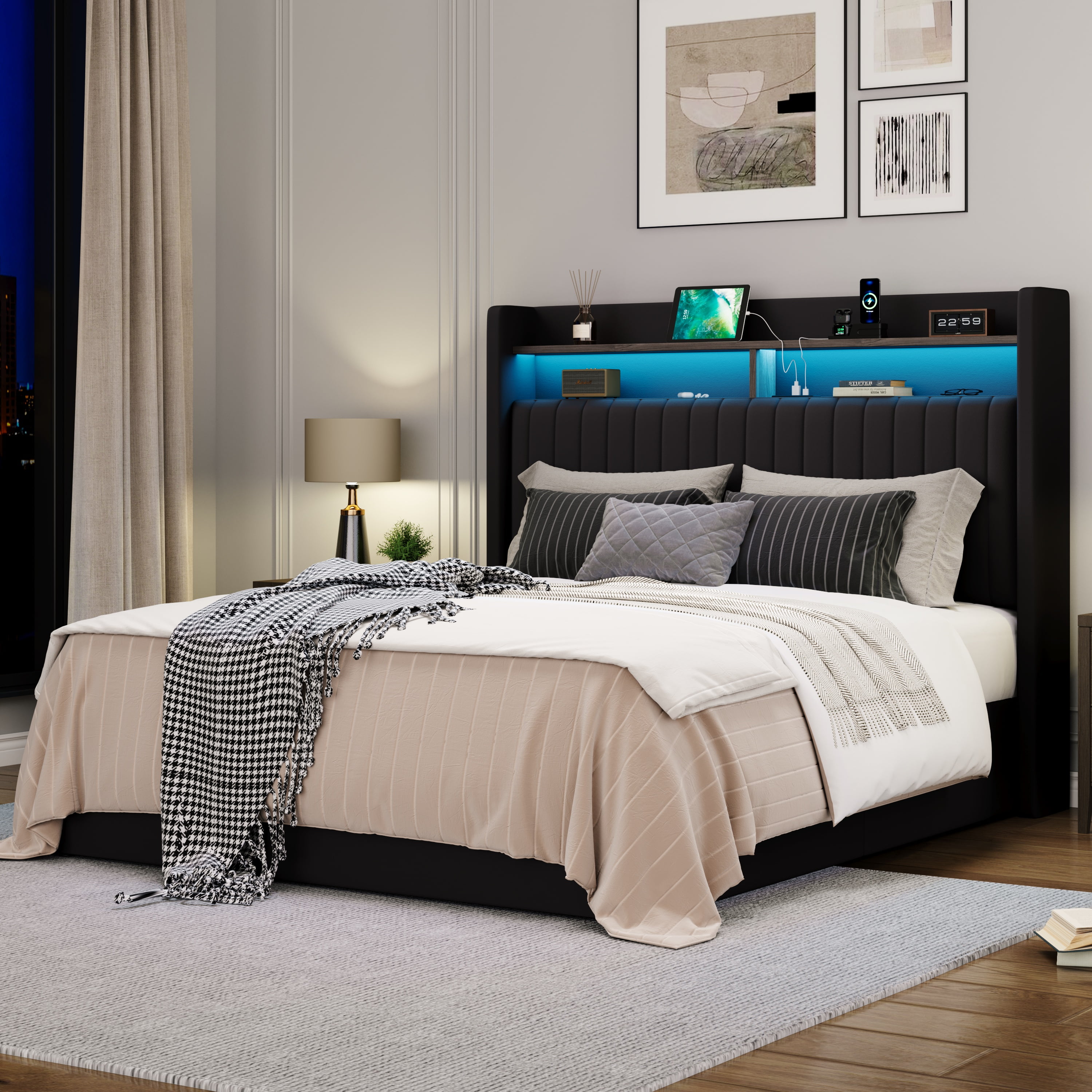 Amolife Full Hydraulic Lift-Up Storage Bed Frame, LED Headboard with Fast Charging (USB/Type-C), 2-Tier Shelves & Velvet Upholstered, Black