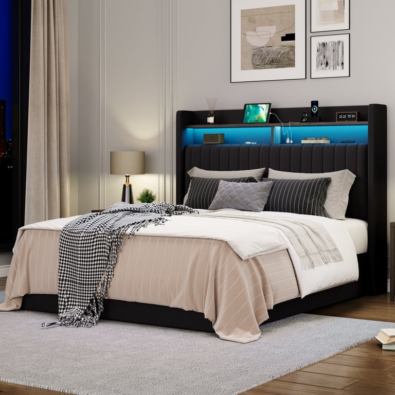 Amolife Queen Storage Bed with LED Headboard, Black photo 2
