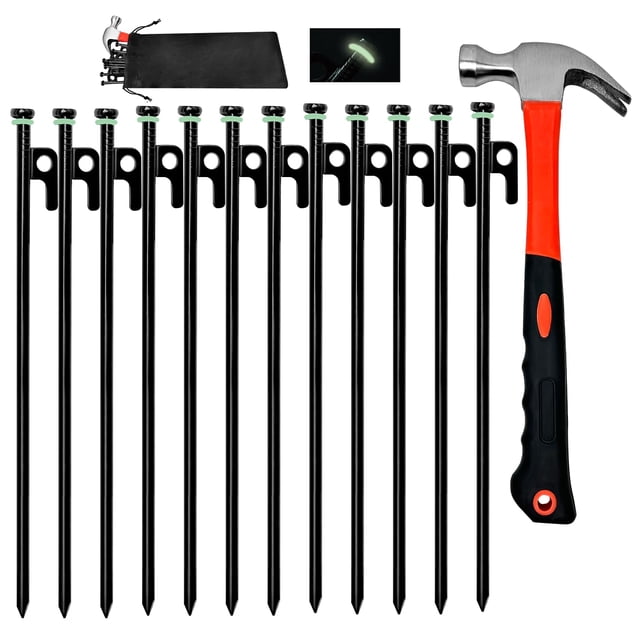 Juego de Estacas para Tienda con Martillo Tialero 12 Piezas de Alta Resistencia 30 cm