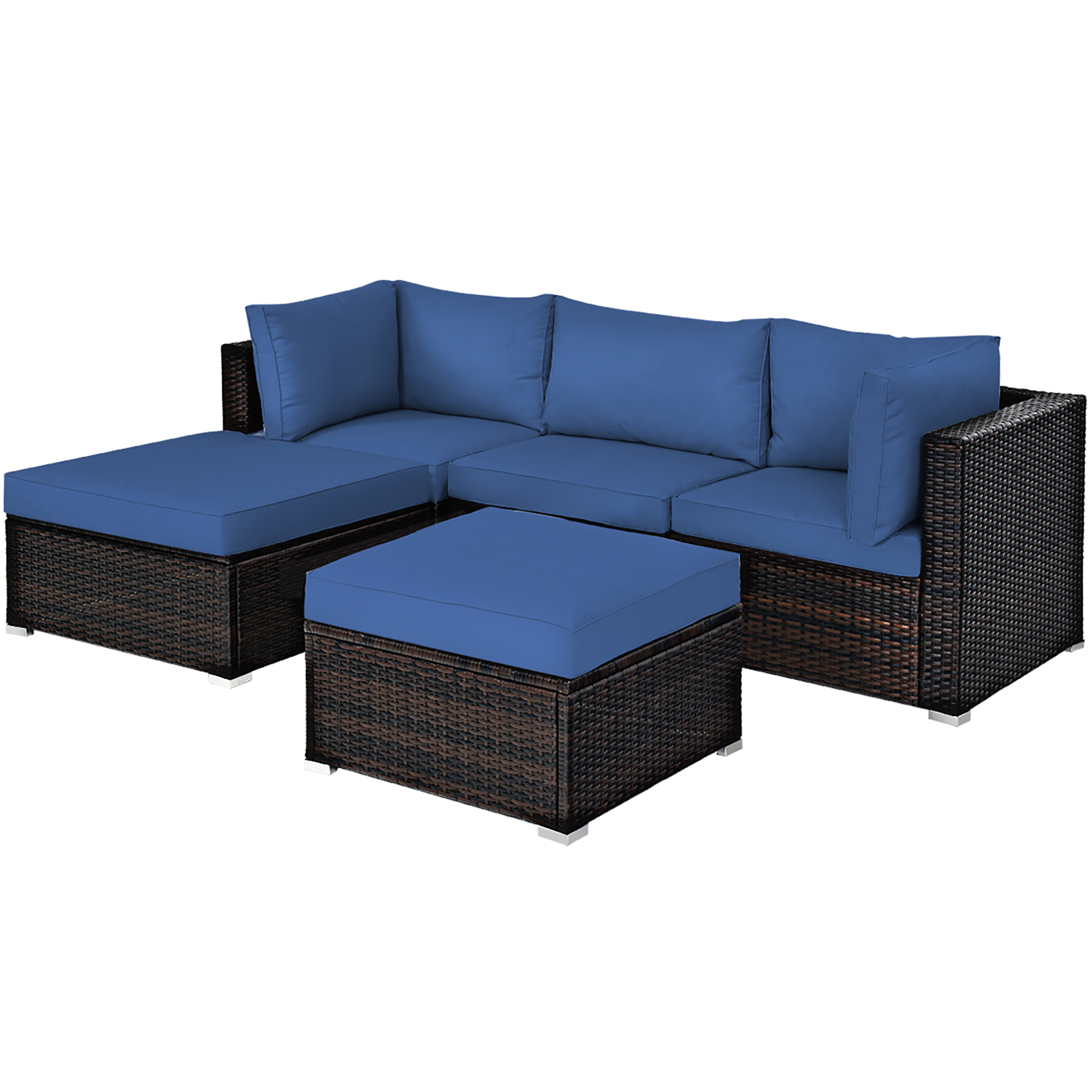 Costway 5PCS Patio Rattan Furniture Set Sectional Conversation Set Ottoman Table Navy