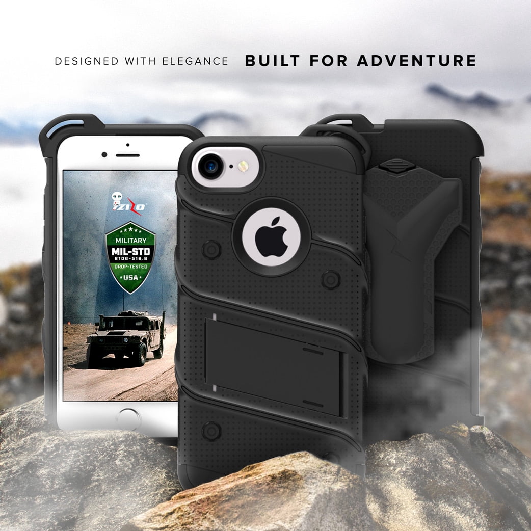 ZIZO BOLT Series for iPhone SE (3rd and 2nd gen)/8/7 Case with Screen Protector Kickstand Holster Lanyard - Black & Black