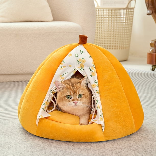 Camas para gatos, carpas para gatos, camas para perros, cueva semicerrada para gatos con bolas de peluche, suave y cómoda, con tapete lavable y desmontable, productos para mascotas, cama de poliéster