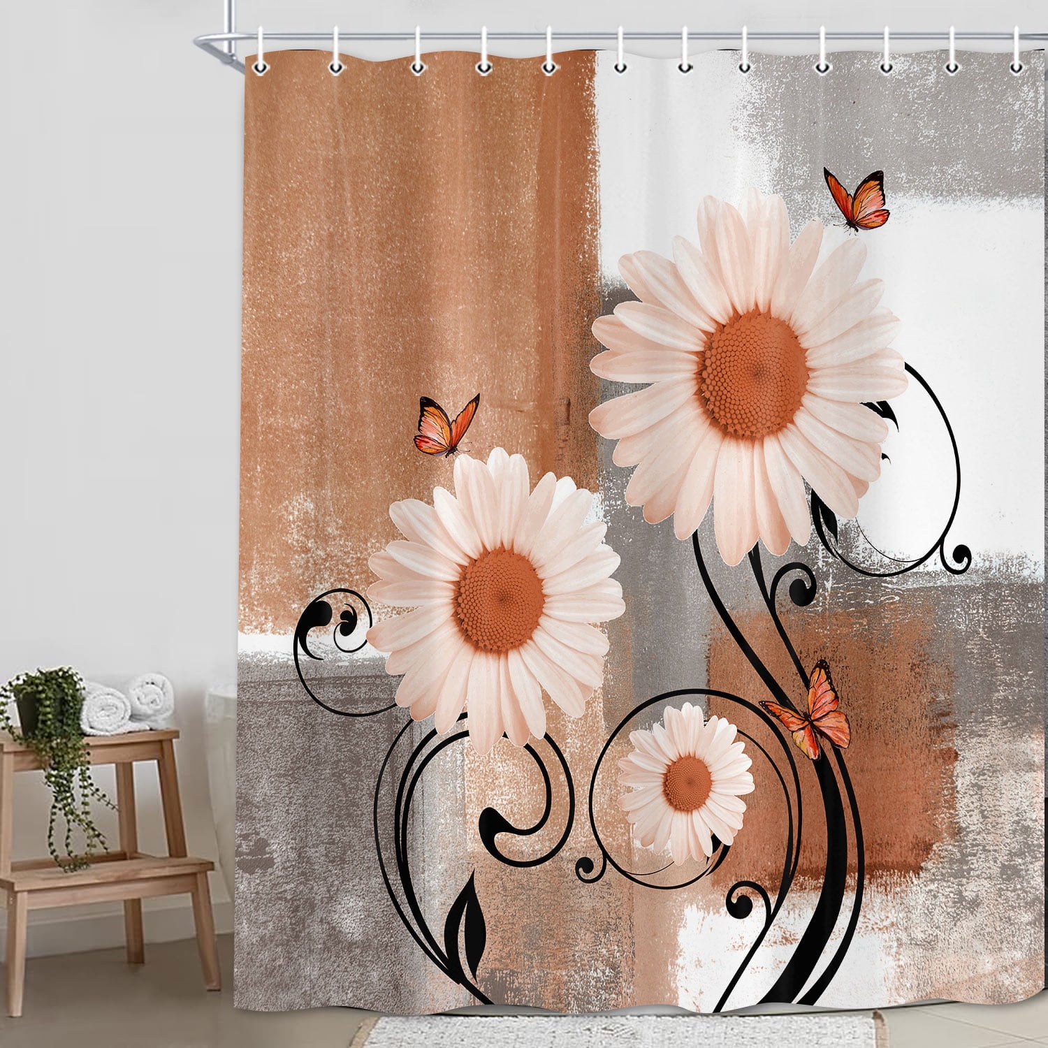 Rustic Farmhouse Shower Curtain,Farm Orange Daisy Floral Flowers and Butterfly on Country Wooden Shower Curtain for Bathroom,Orange Gray Shower Curtain with 12 Hooks,69X70in