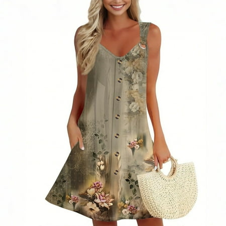 GXIPO Mini Dress Casual Summer Dresses for Women Beach Dresses Vacation Boho Sleeveless Swimsuit Coverup A Line O-Ring Mini Dresses with Pockets Dark Green 3XL