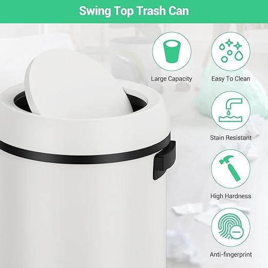 Basics Round Stainless Steel Trash Can with Swing lid, Large Kitchen Round Can - 65 Litre/ 17.2 Gallon, Silver, Black,White