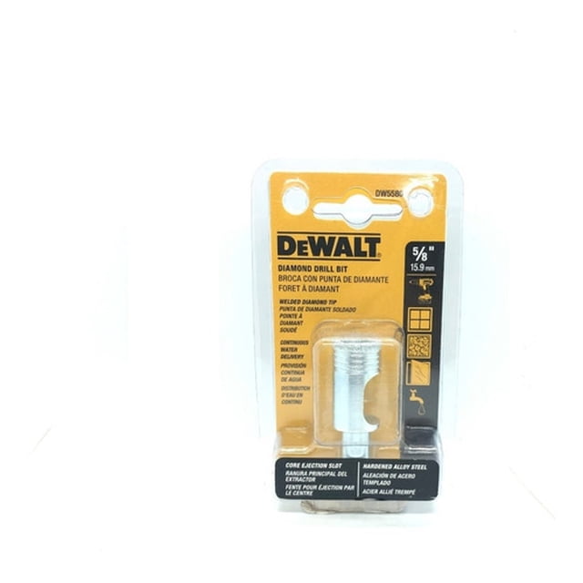 broca de diamante 5/8-inch dewalt dw5580 Broca de diamante Dewalt 5/8 pulg. (15.9 mm) en empaque blister amarillo y negro, vista frontal centrada; vástago metálico cilíndrico con punta recubierta de diamante visible y ranura de extracción, tarjeta con logo DEWALT y pictogramas para cerámica y porcelana. Adecuada para perforar losetas densas y suele usarse para hacer orificios de salida en instalaciones eléctricas pequeñas.