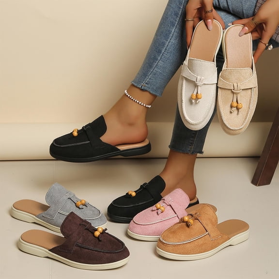 Miluxas Women's Suede Tassel Dress Mules Retro Fashion Round Toe Anti-Slip Low Heel Slip On Clog Slippers Casual Backless Flat Loafers White 9.5(43)