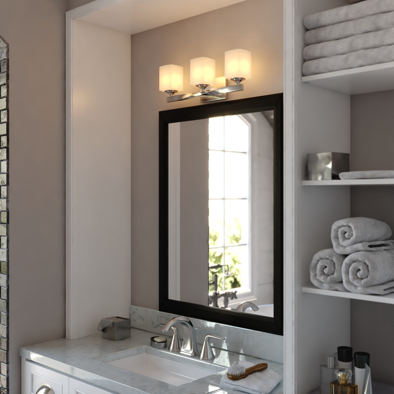 Robey 3 Light Polished Nickel Transitional Bathroom Vanity Fixture White Glass