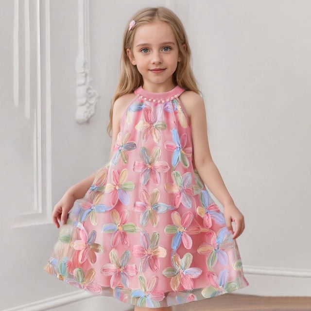 Robes pour Filles Enfants Tout-Petits Filles Été Sans Manches Col Rond en Maille Élastique Robe Décontractée avec Broderie de Fleurs 3D Robes pour Tout-Petits Rose 5 Ans-7 Ans