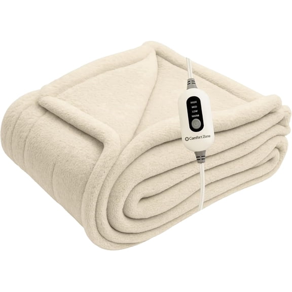 Comfort Zone Heated Blanket Electric Throw, Solid Pattern, Micro Plush Electric Blanket, Heating Blanket with 4 Heating Levels, 3H Timer, Auto Shutoff, Fast Heating (50x60 inches, Cream)