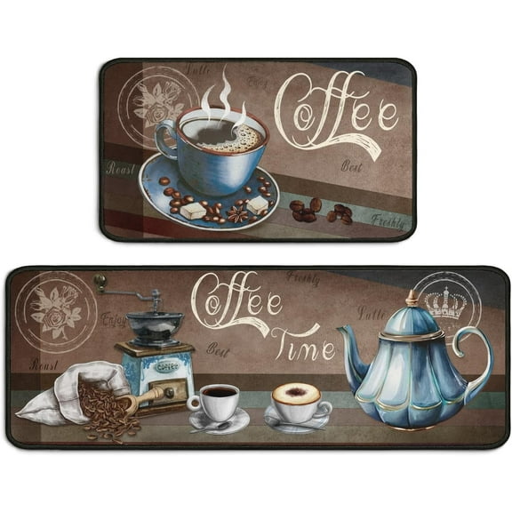 Set of 2 Coffee Kitchen Decor Rugs Set, Farmhouse Country Kitchen Rugs and Mats Non Skid Washable Absorbent Microfiber Kitchen Accessories Decoration Floor Mats 17"x47" 17"x30"