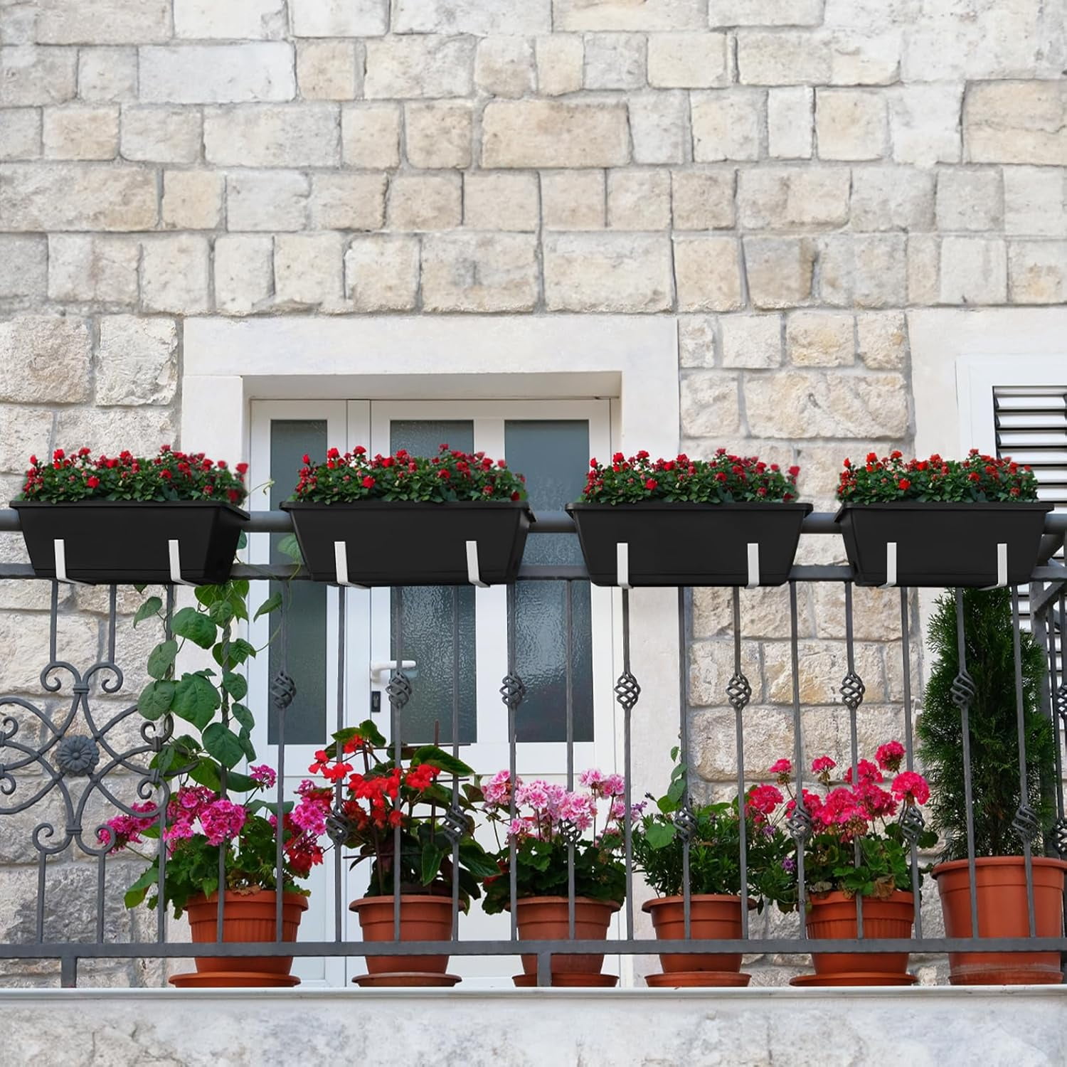 Railing Planter Box 4 Pack Window Boxes Planters with Flower Box Brackets, 17’’ Rectangle Balcony Deck Railing Hanging Planters for Outdoor Fence Garden Patio Plants