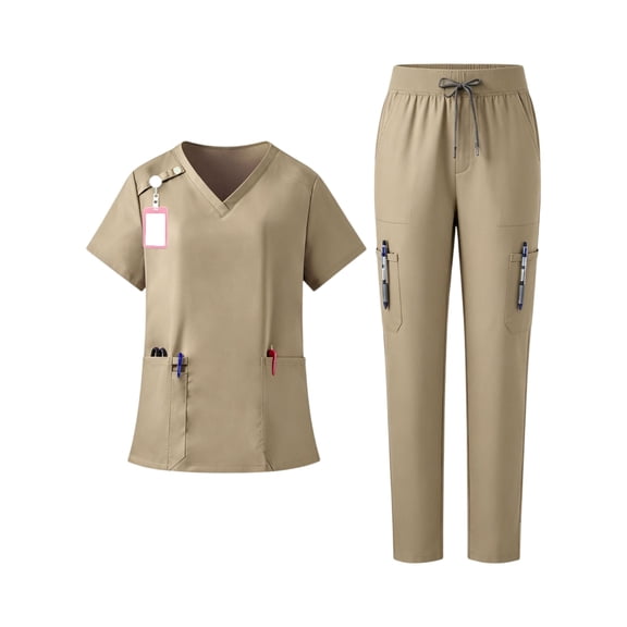 ASDFVBKG Women’s Medical Scrub Set – Stretch V-Neck Top & Cargo Pant Nurse Uniform with 8 Pockets Khaki XL