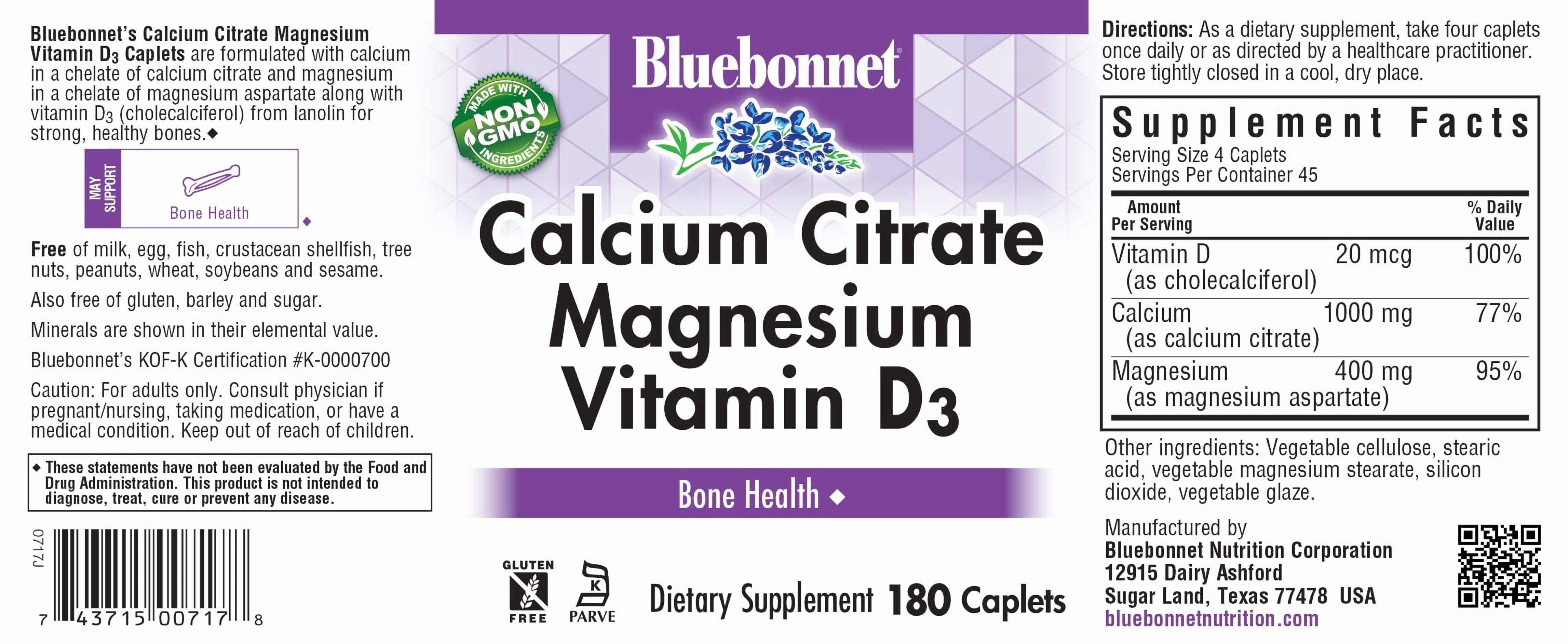 Bluebonnet Calcium Citrate Magnesium Plus Vitamin D3, Bone, Muscle & Relaxation, 180 Caps