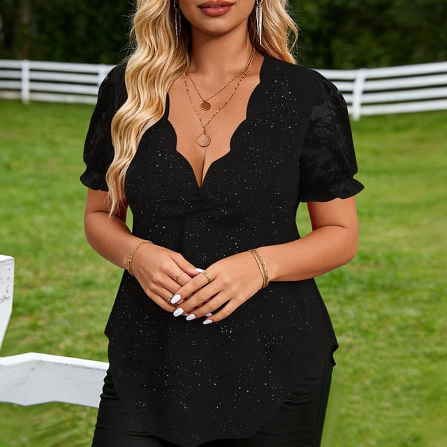 TaTaai Fashion Solid Color Women T Shirt Glitter Shimmer Wave V Neck Short Sleeve Loose Fit Soft Shiny Breathable Daily Casual Street Wear Blouse Gift
