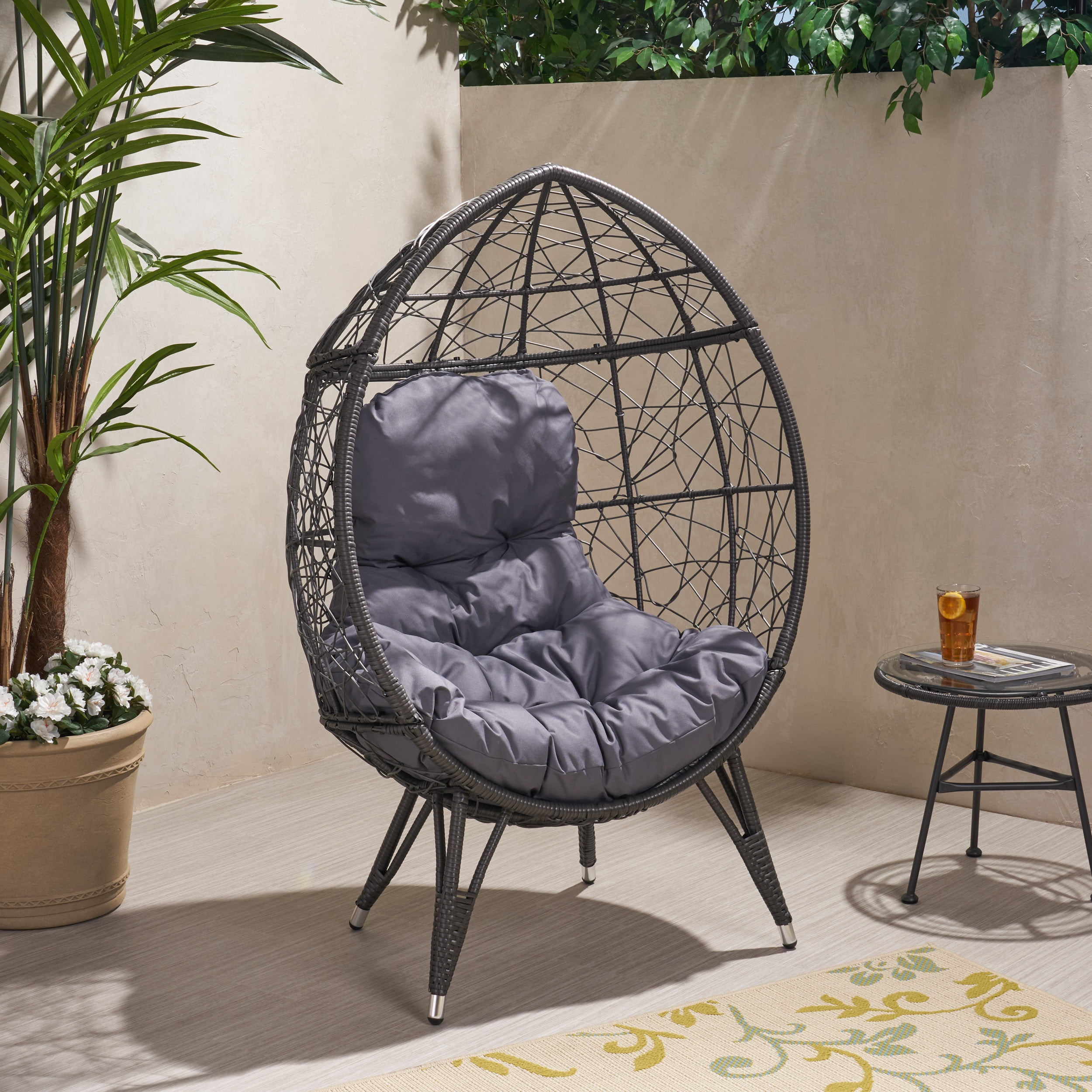 Jayson Outdoor Wicker Teardrop Chair with Cushion, Gray and Dark Gray