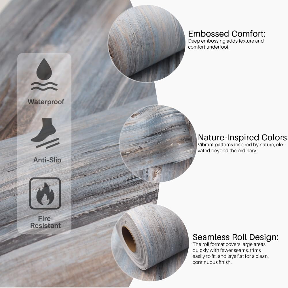 Peel and Stick Vinyl Flooring - 11.8" X 118" Nature-Inspired Colors Flooring, Realistic Wood Finish Floor Roll with Waterproof, Slip-Resistant - for Bathroom, Rv